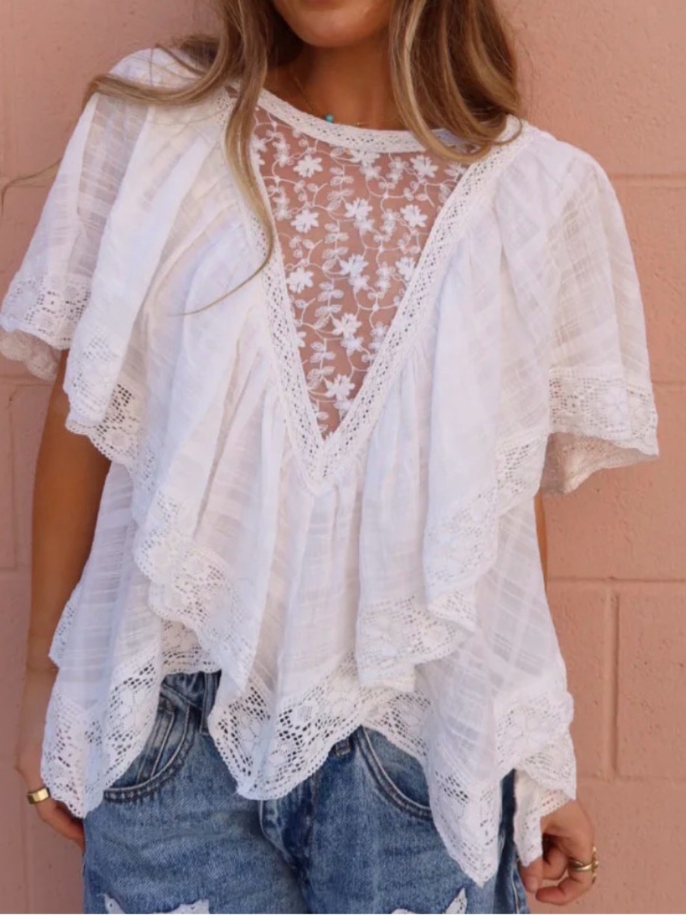 Maddy Jae Boutique Boho Lace-Trim White Flutter Sleeve Top NWOT
